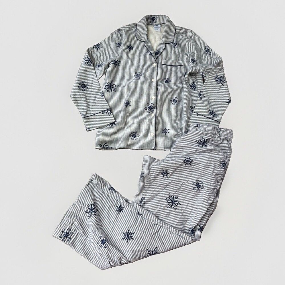 Lands End Flannel Pajamas Womens Small S Striped Snowflake Blue Winter PJ Set